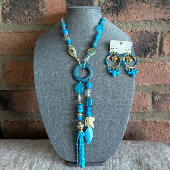 Chico's Turquoise Bohemian Pendant Necklace & Earring Set - Picture 1 of 5